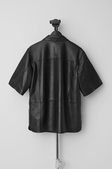 Back of Bahama black leather short sleeve shirt by Deadwood, inspired by vintage Hawaiian shirts, made from upcycled lambskin leather with a recycled PET lining.
