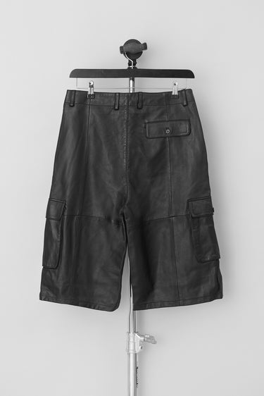 Black Deadwood mid length cargo shorts made from deadstock leather.