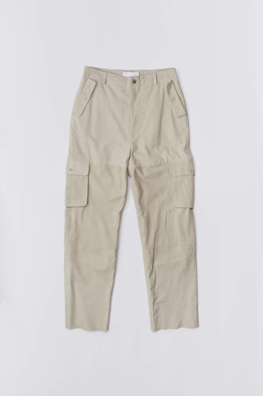 Convoy off-white suede pants by Deadwood, cargo-style with tapered fit and eco-conscious materials.