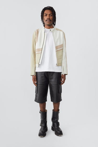 Model in Hiro off-white leather jacket by Deadwood, inspired by Japanese motorcycle culture.