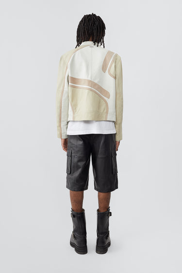 Model from the back in Hiro off-white leather jacket by Deadwood, inspired by Japanese motorcycle culture.