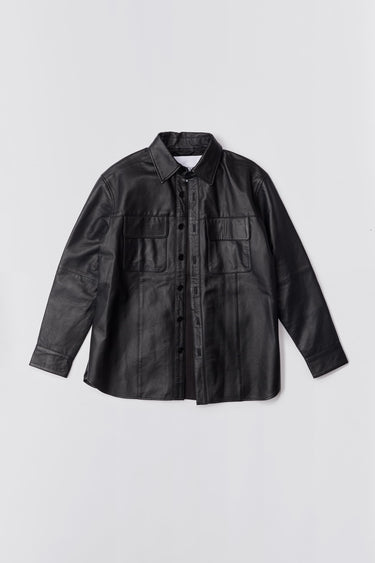 Shoreline black leather over-shirt by Deadwood, made from upcycled leather and recycled plastic bottles.