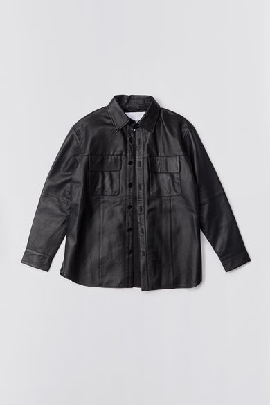 Shoreline black leather over-shirt by Deadwood, made from upcycled leather and recycled plastic bottles.