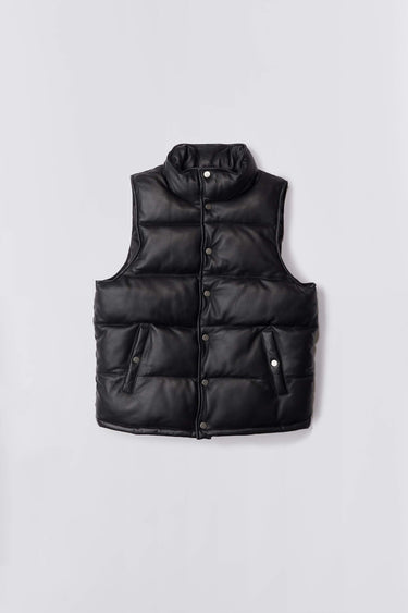 Deadwood black down-free recycled leather puffer vest with push button closure at center front. Waist pockets and a drawstring at the hem. 
